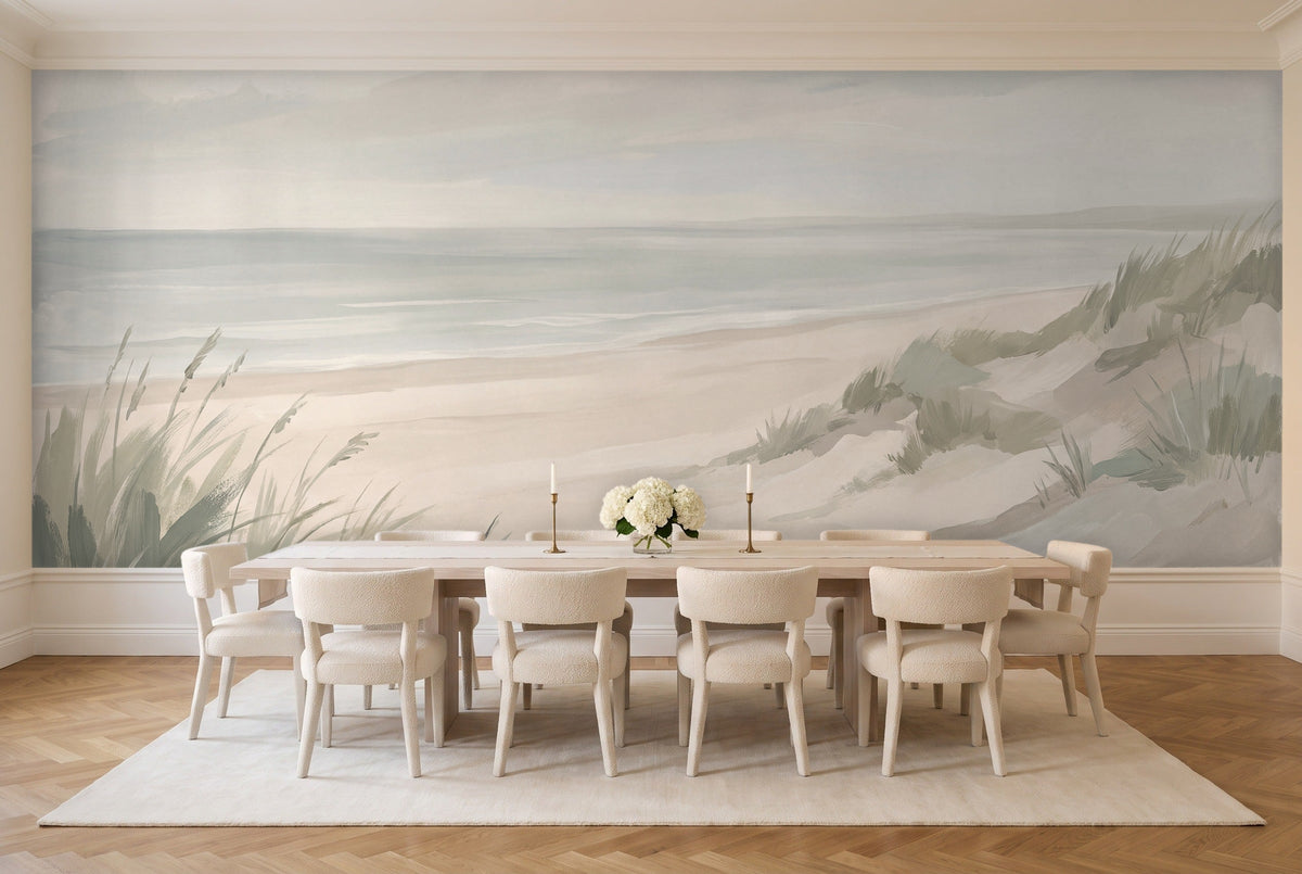 Sage Beach Landscape Mural in a dining room