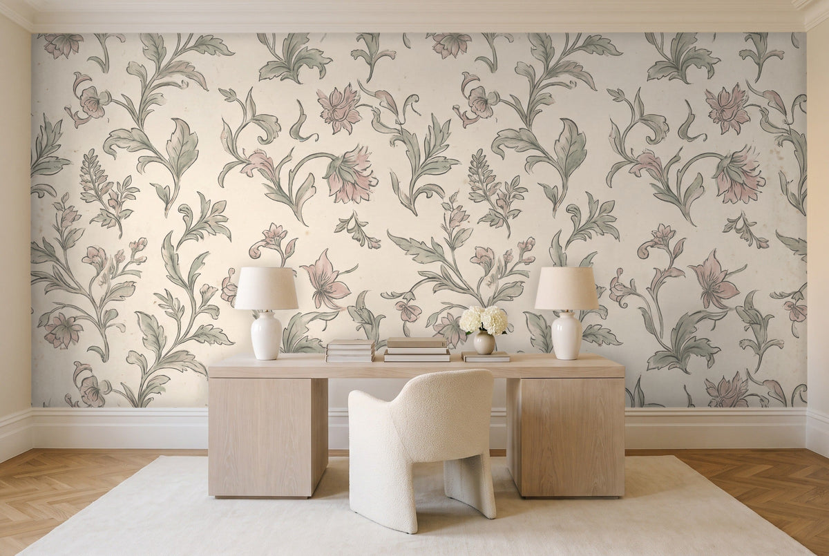 Green And Pink Leaf Botanical Mural in a home office