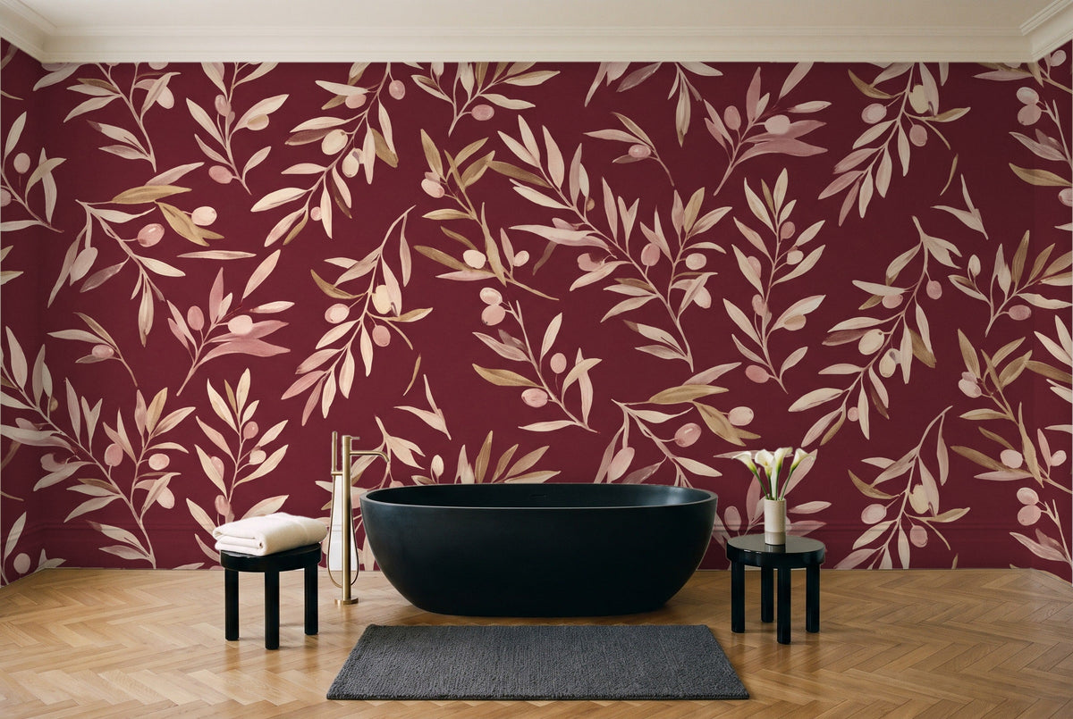 Burgundy Olive Branch Botanical Mural in a bathroom