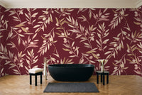 Burgundy Olive Branch Botanical Mural in a bathroom