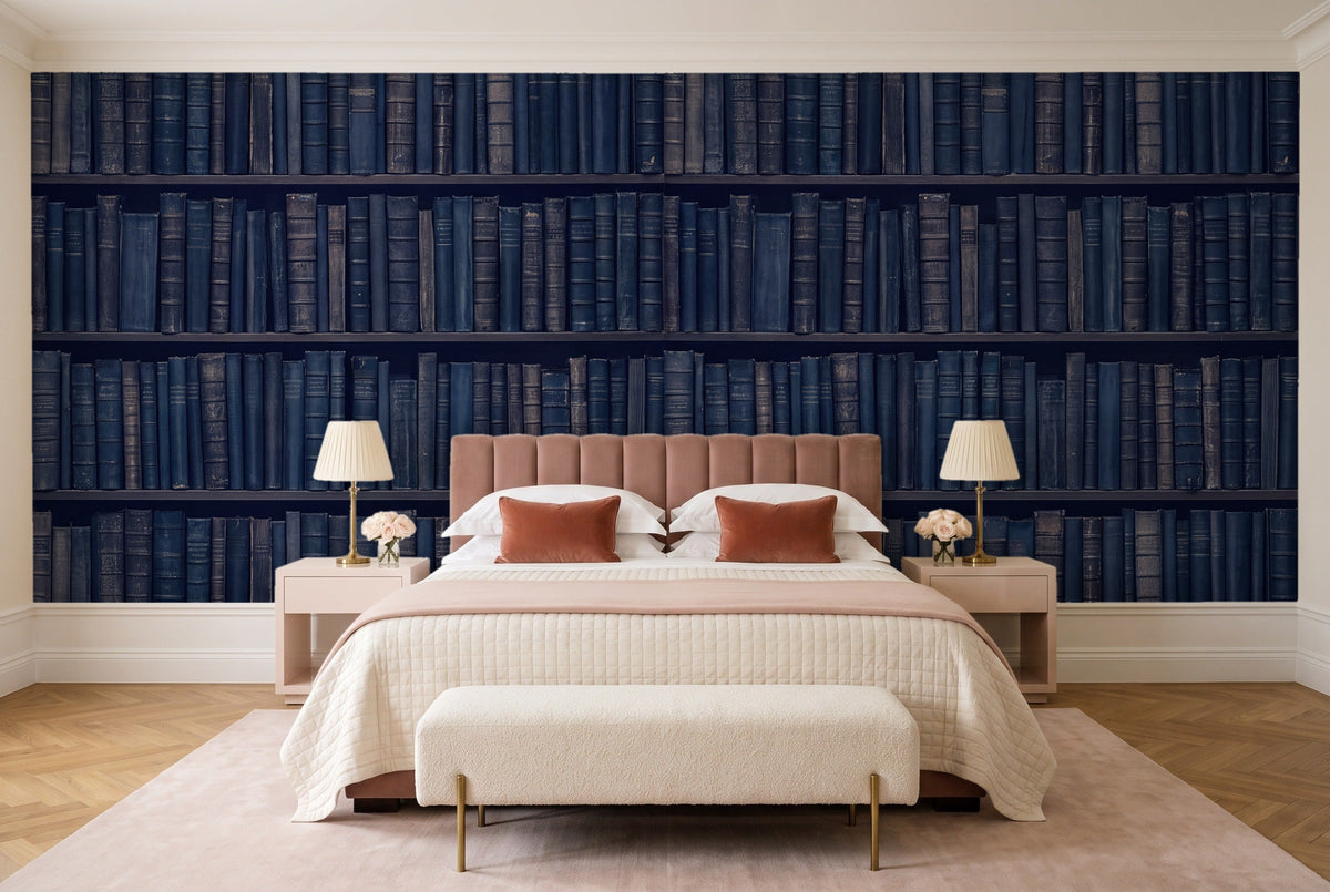 Navy Bookshelf Library Mural in a bedroom
