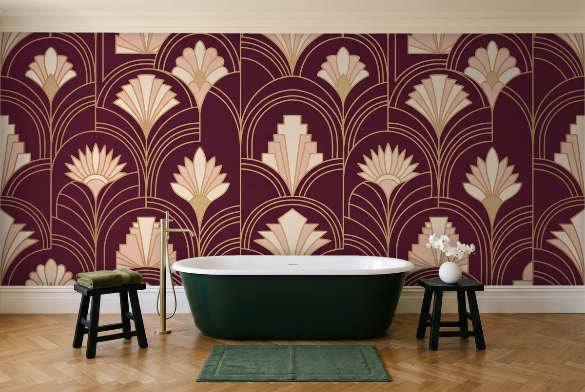 Burgundy Art Deco Mural in a bathroom