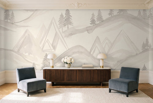 White Mountain Landscape Mural in a living room
