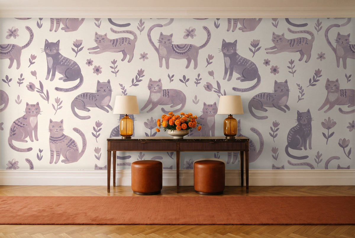 Lilac Cat Animal Mural in an entryway