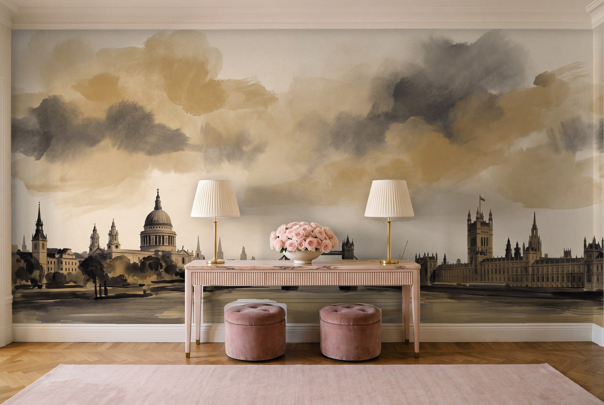 Black And Gold London Cityscape Mural in an entryway