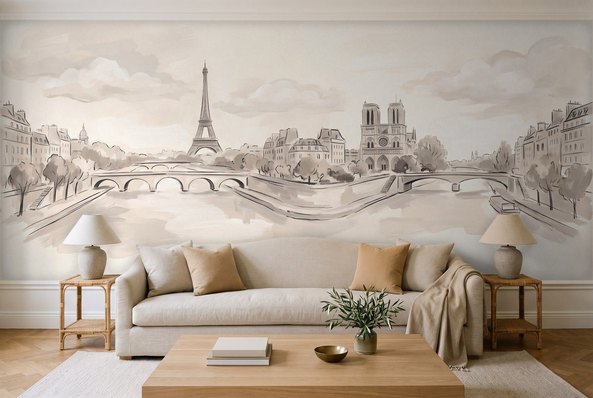 Cream Paris Cityscape Mural in a living room