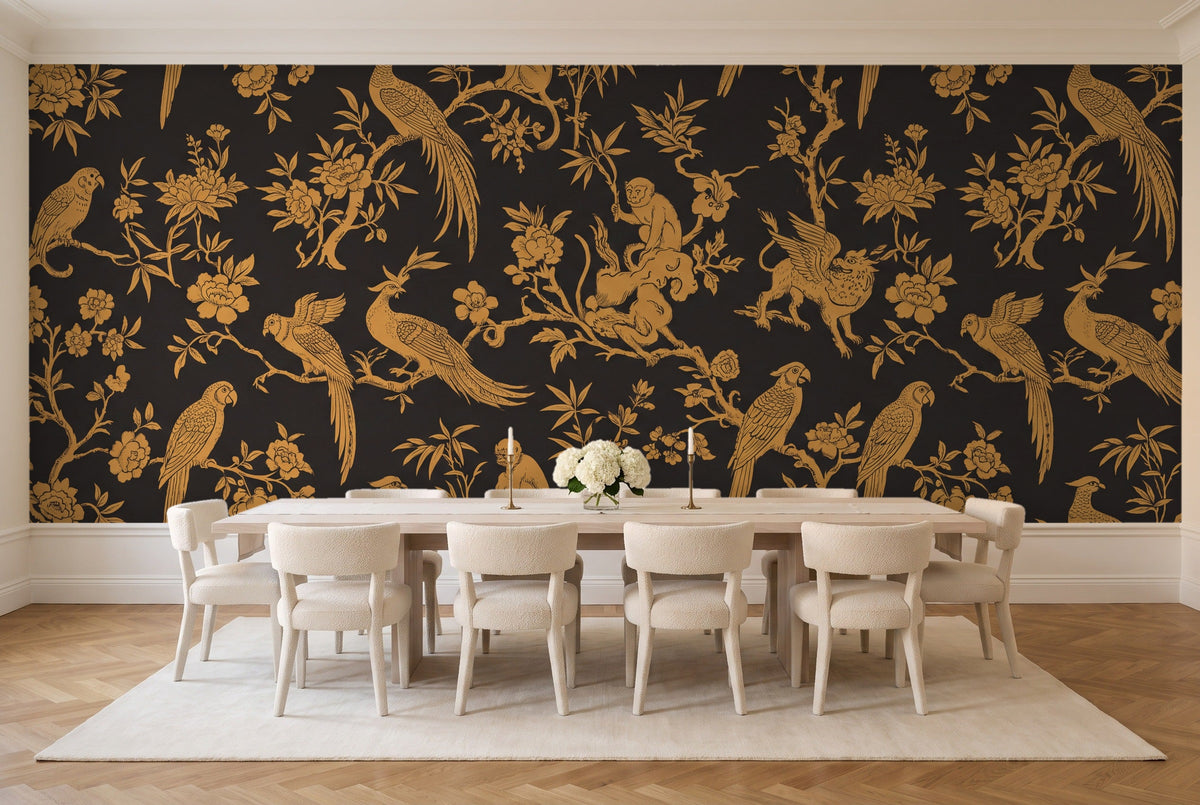 Black And Gold Parrot Animal Mural in a dining room