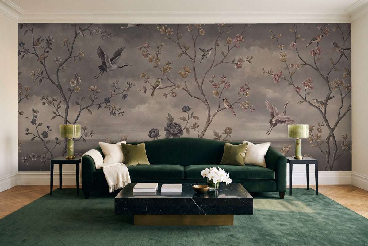 Charcoal Chinoiserie Garden Chinoiserie Mural in a living room