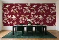 Burgundy Cherry Botanical Mural in a dining room