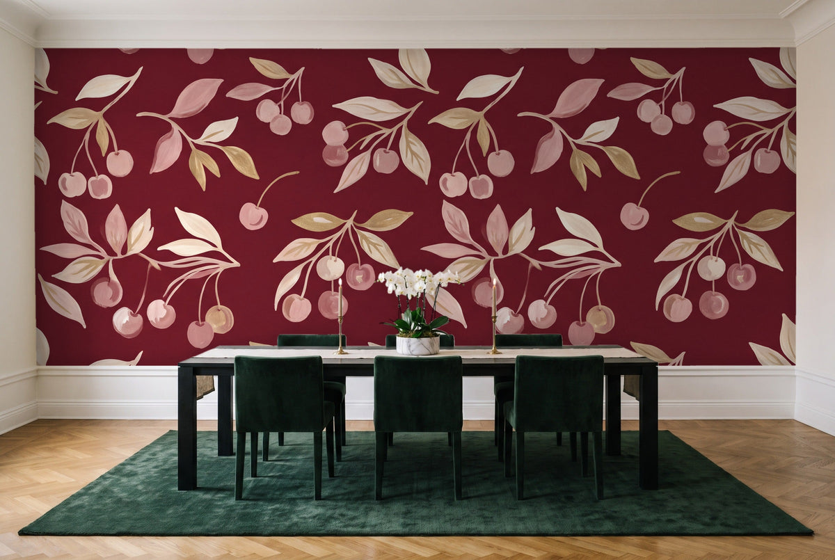 Burgundy Cherry Botanical Mural in a dining room
