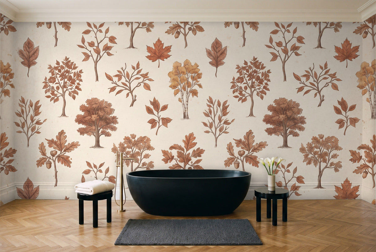 Terracotta Tree Botanical Mural in a bathroom