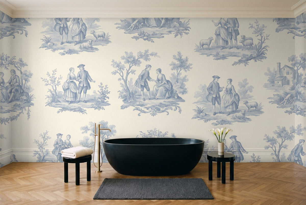 Light Blue Toile Mural in a bathroom