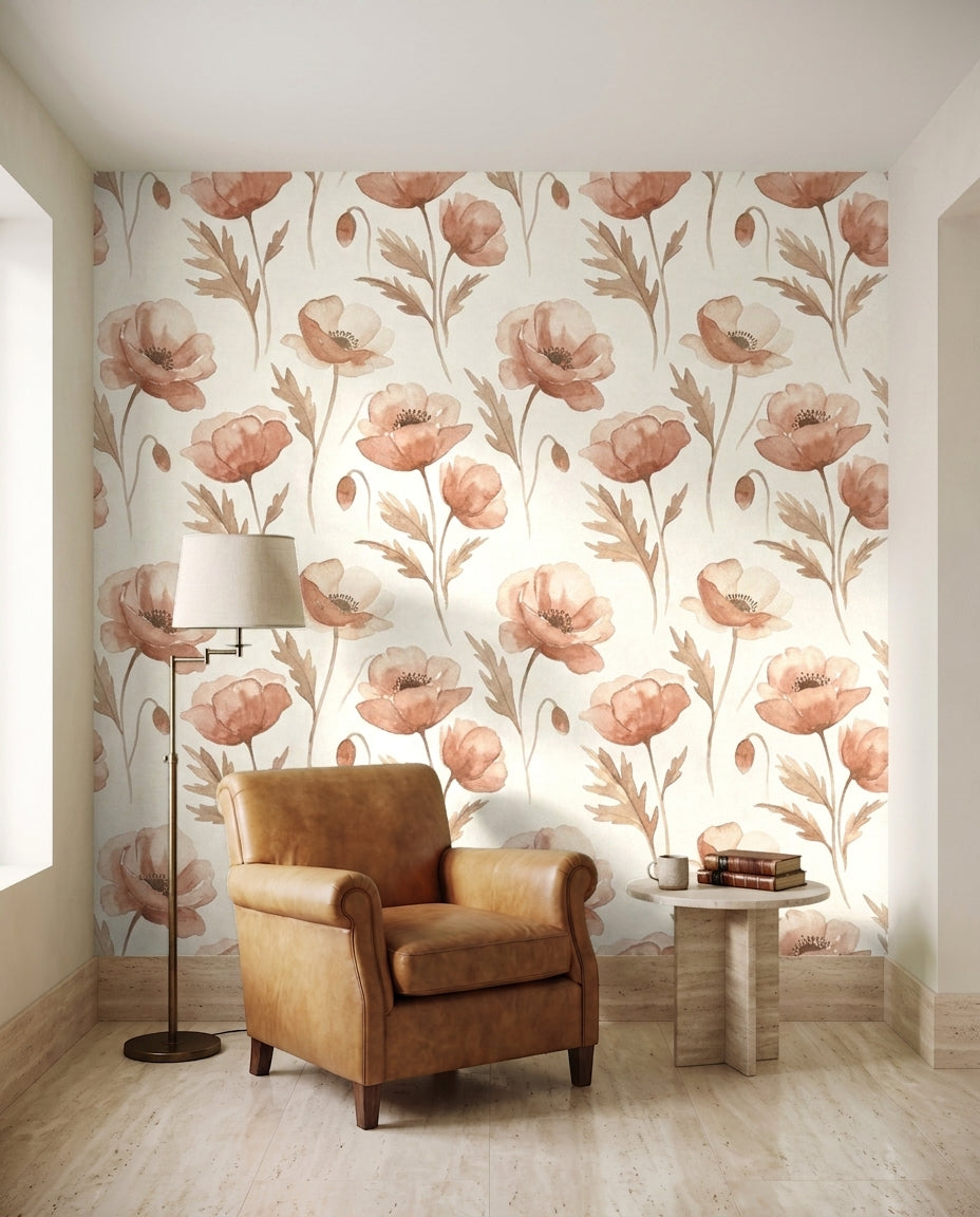 Blush Poppy Floral Mural on a feature wall