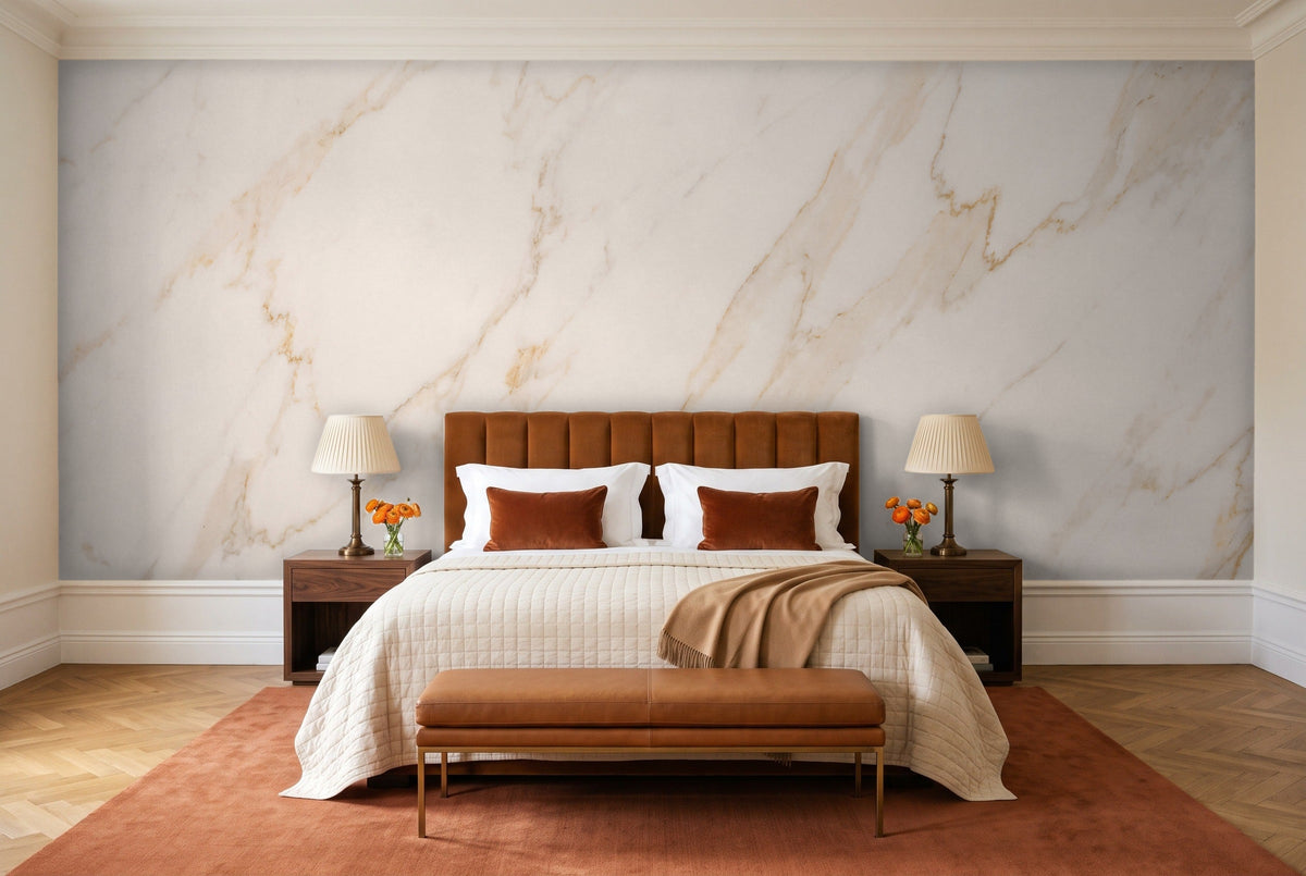 White And Gold Marble Mural in a bedroom