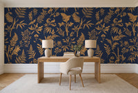 Blue And Gold Fern Botanical Mural in a home office