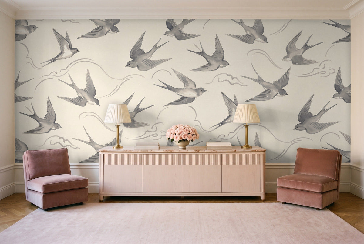 Grey Swallow Animal Mural in a living room