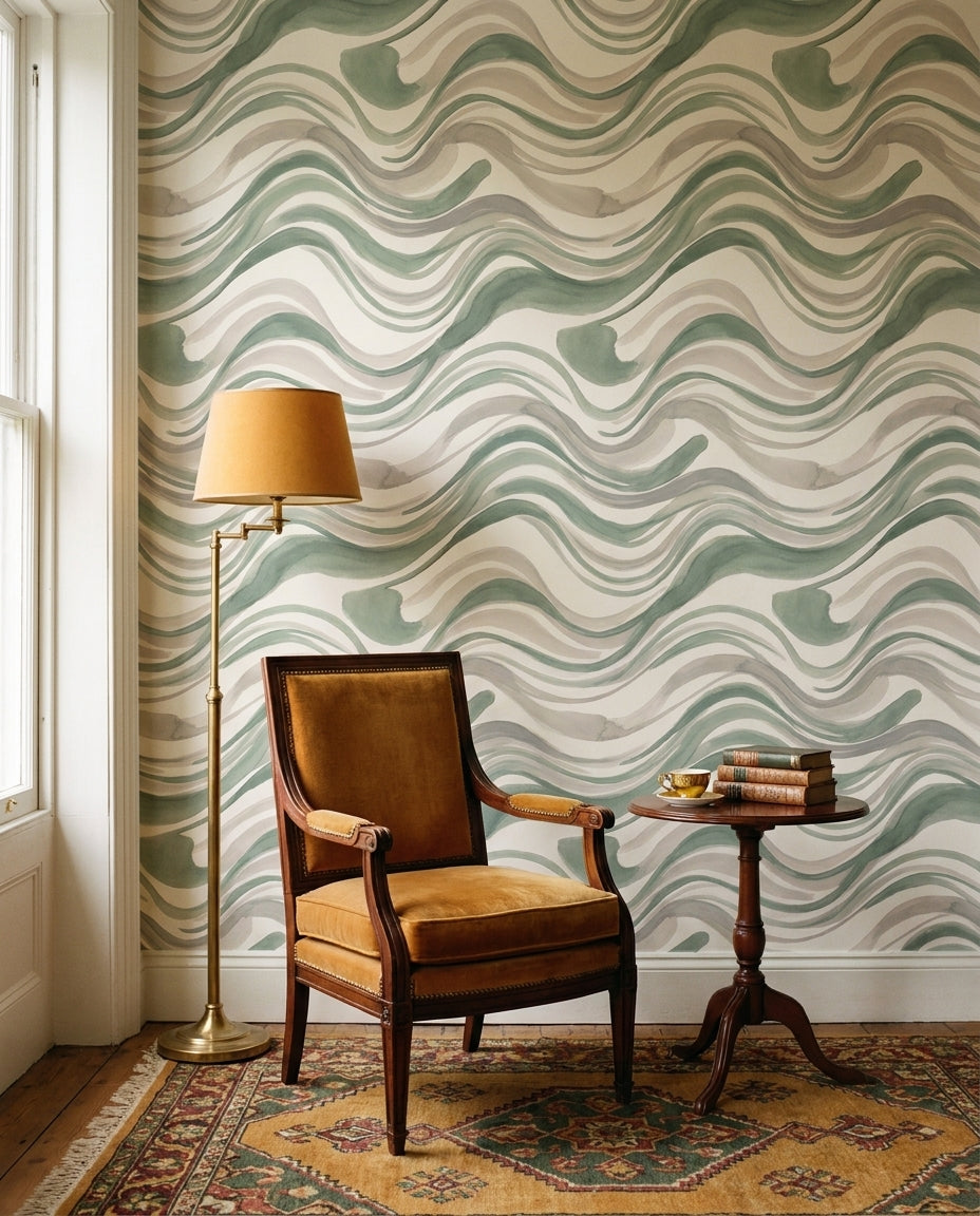 Sage Wave Abstract Mural on a feature wall