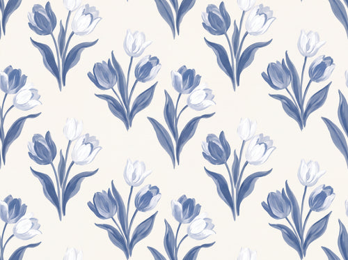 Blue And White Tulip Floral Mural sample on the real paper