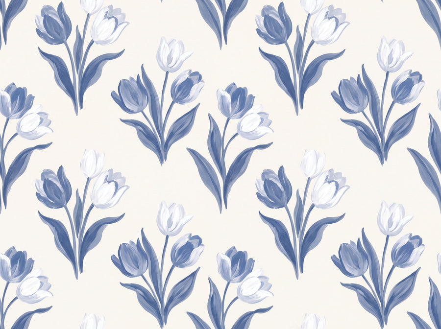 Blue And White Tulip Floral Mural