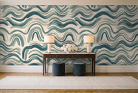 Teal Wave Abstract Mural in an entryway