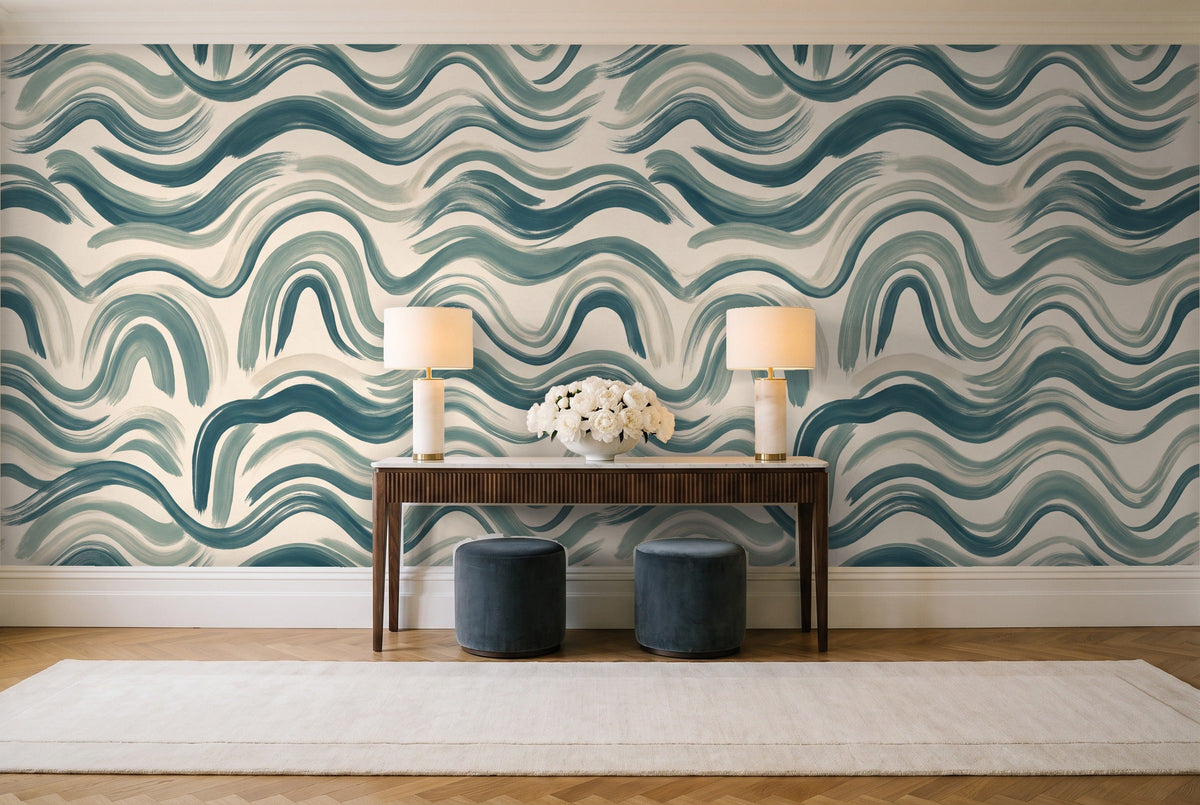Teal Wave Abstract Mural in an entryway