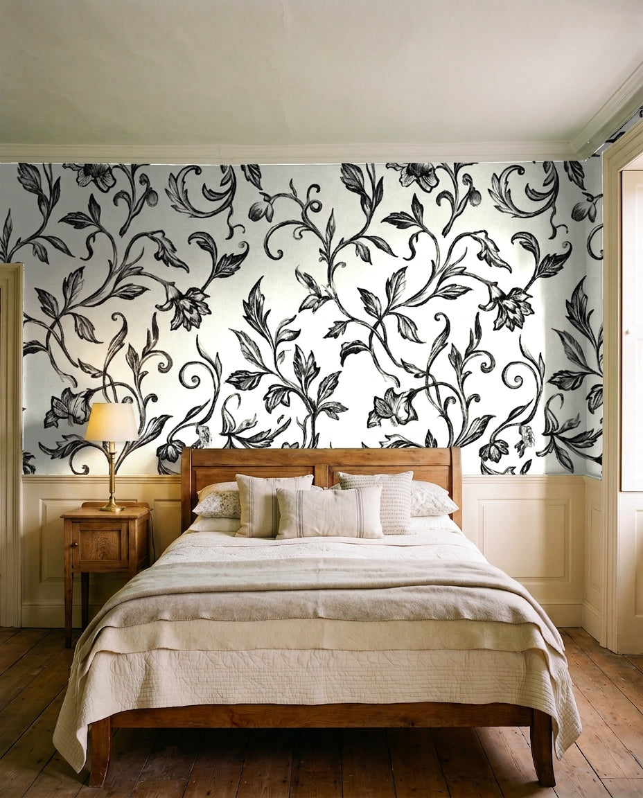 Black-and-white Vine Botanical Mural on a feature wall