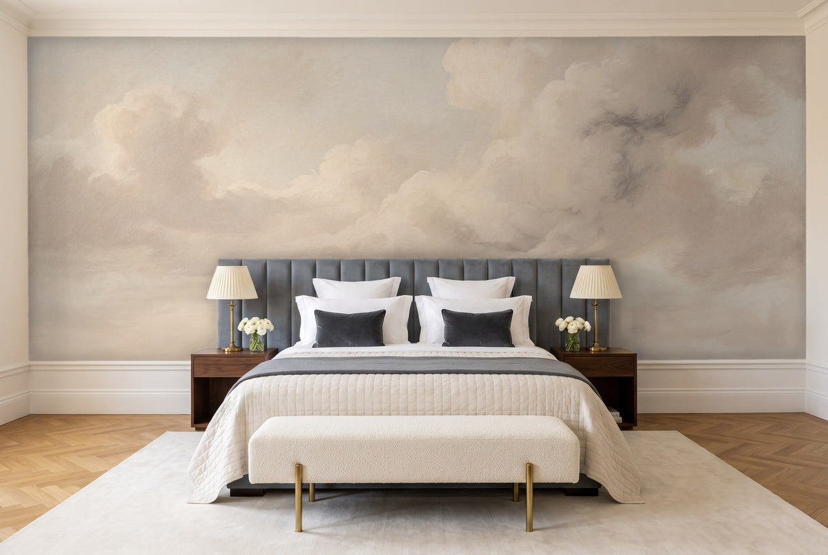 Cream Clouds Landscape Mural in a bedroom