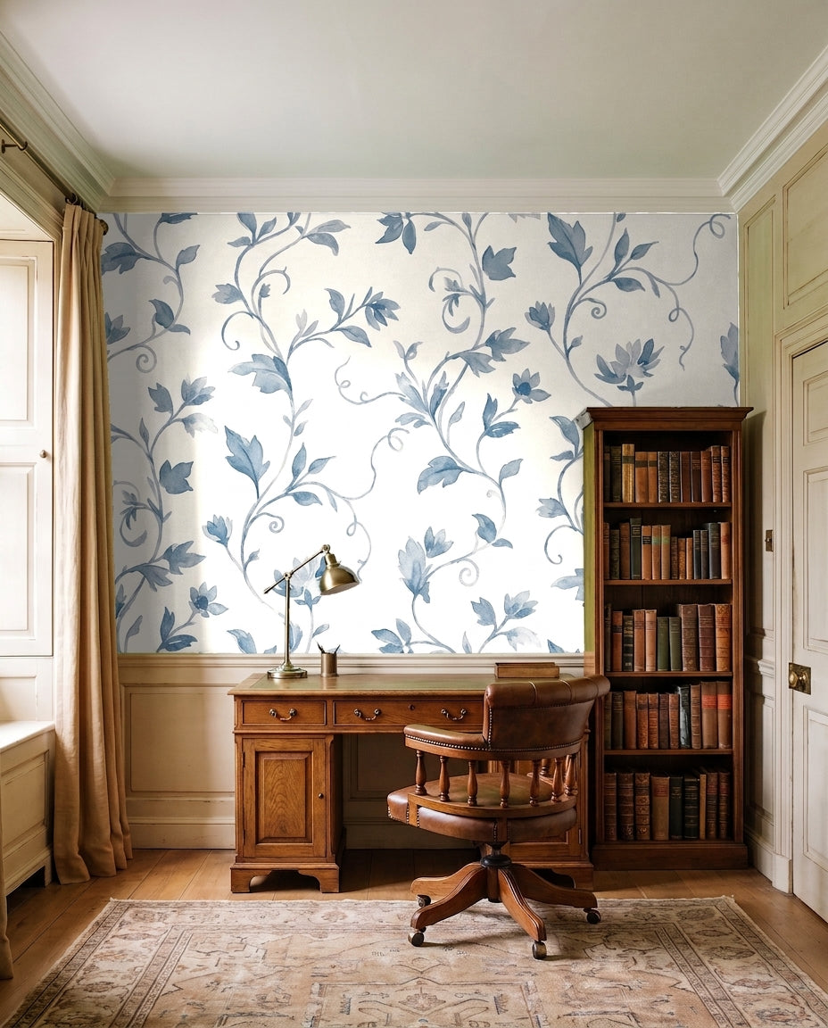 Blue-and-grey Vine Botanical Mural in an interior