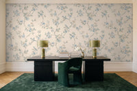 Light Blue Cherry Blossom Floral Mural in a home office