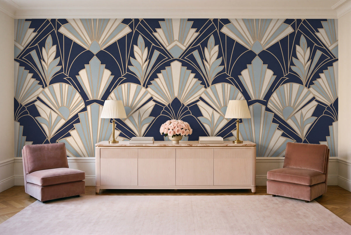 Navy Art Deco Mural in a living room
