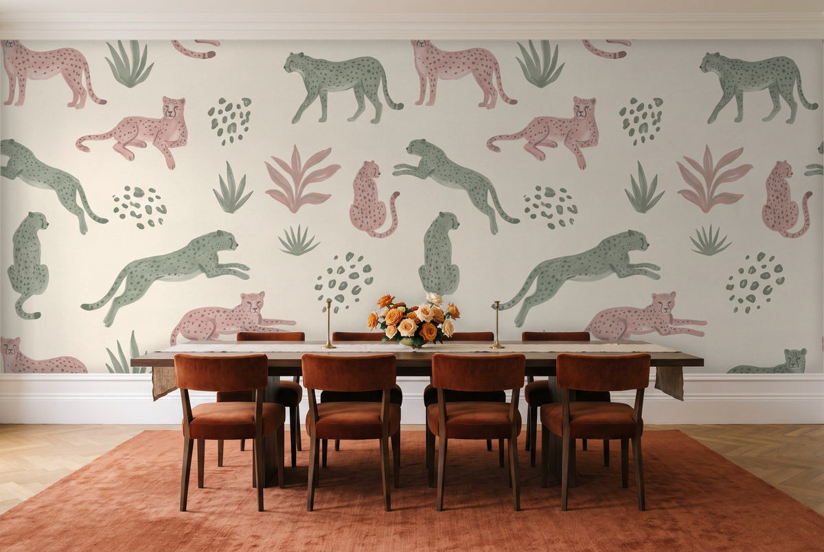 Green And Pink Cheetah Animal Mural in a dining room