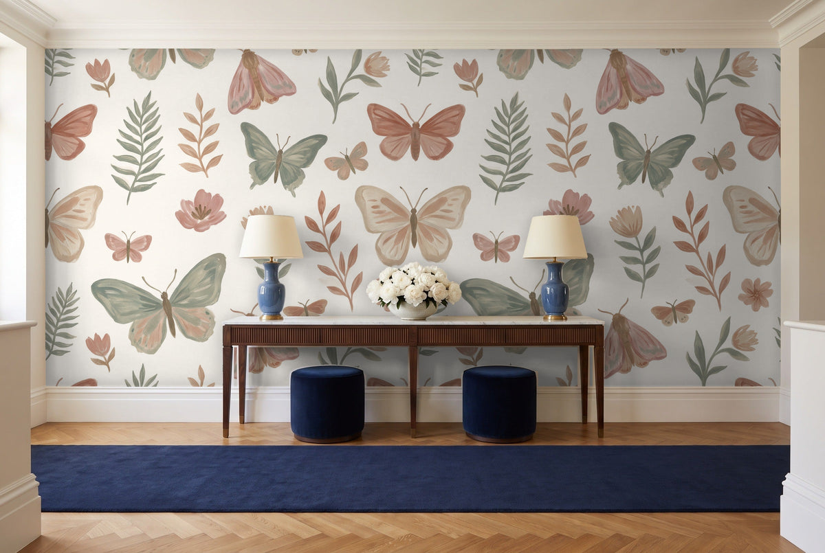 Green And Pink Butterfly Mural in an entryway
