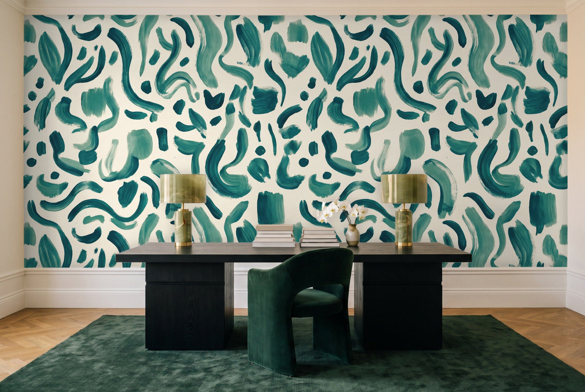 Teal Brushstroke Abstract Mural in a home office