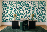 Teal Brushstroke Abstract Mural in a home office