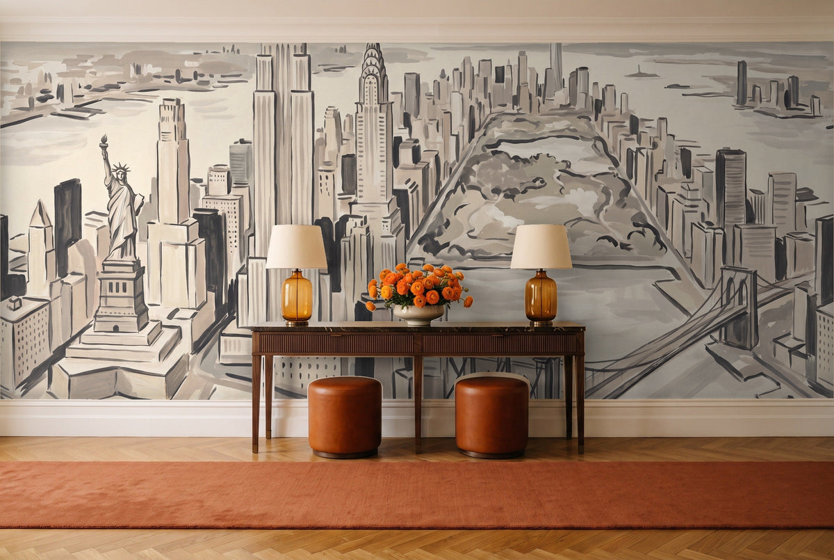 Cream New York Cityscape Mural in an entryway