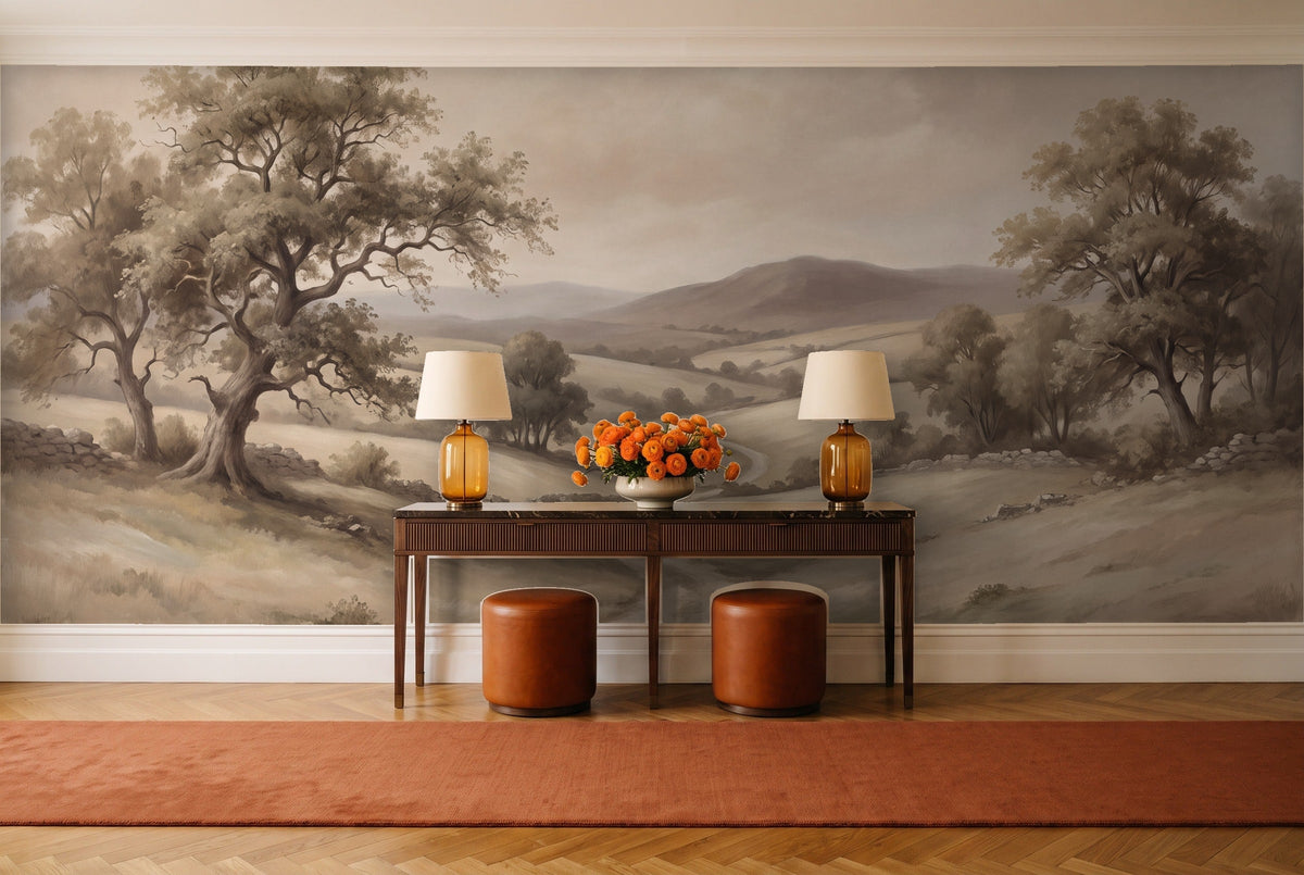 Beige Countryside Landscape Mural in an entryway