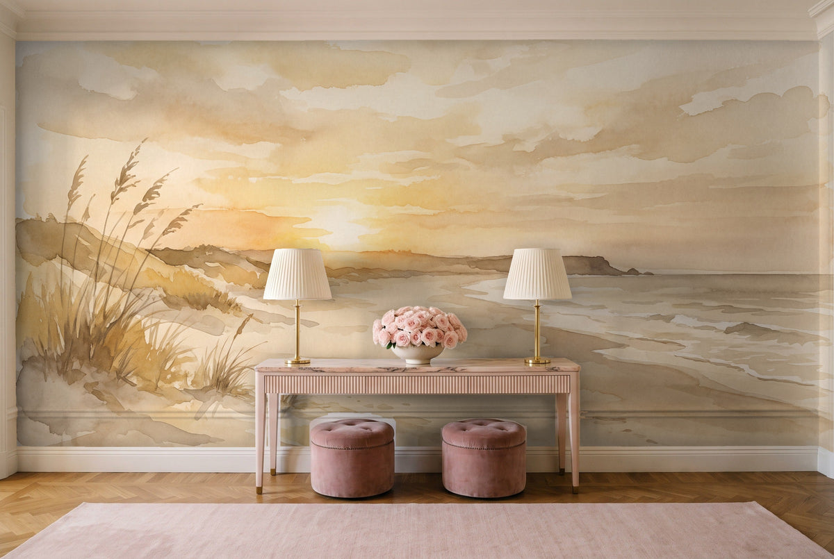 Ochre Beach Sunset Landscape Mural in an entryway