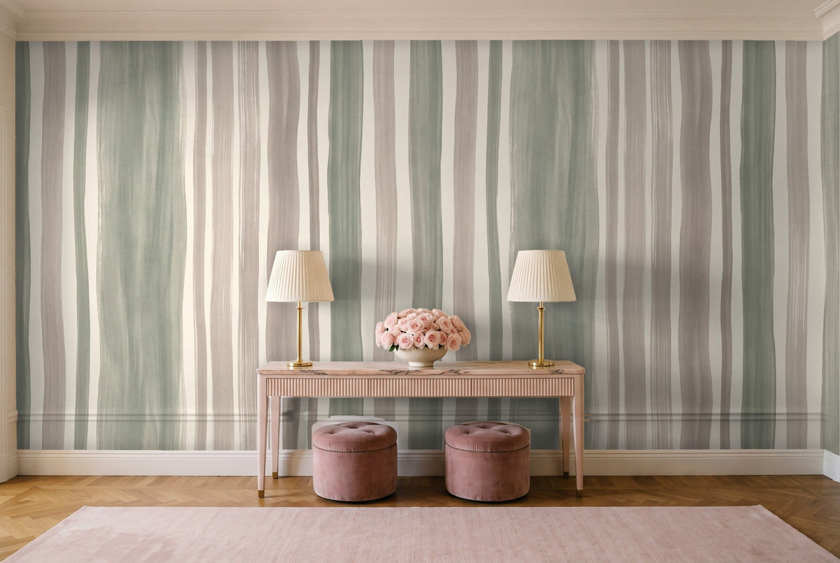 Sage Stripe Mural in an entryway