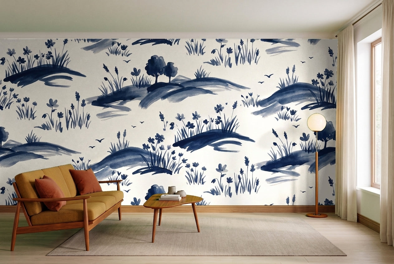 Navy Meadow Landscape Mural on a feature wall