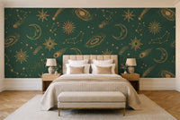 Green And Gold Stars Celestial Mural in a bedroom