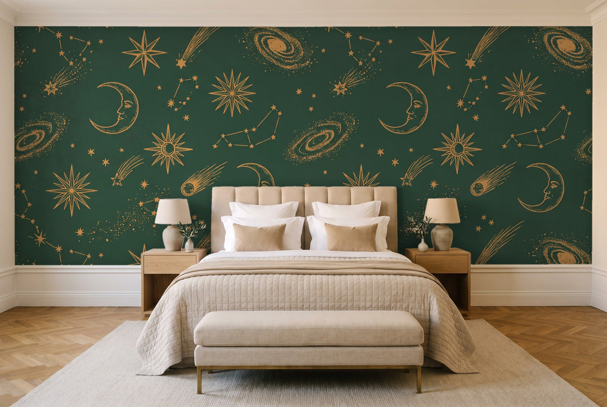 Green And Gold Stars Celestial Mural in a bedroom