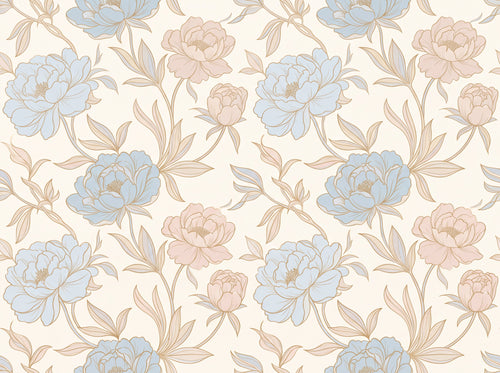 Blue And Pink Peony Floral Mural sample on the real paper