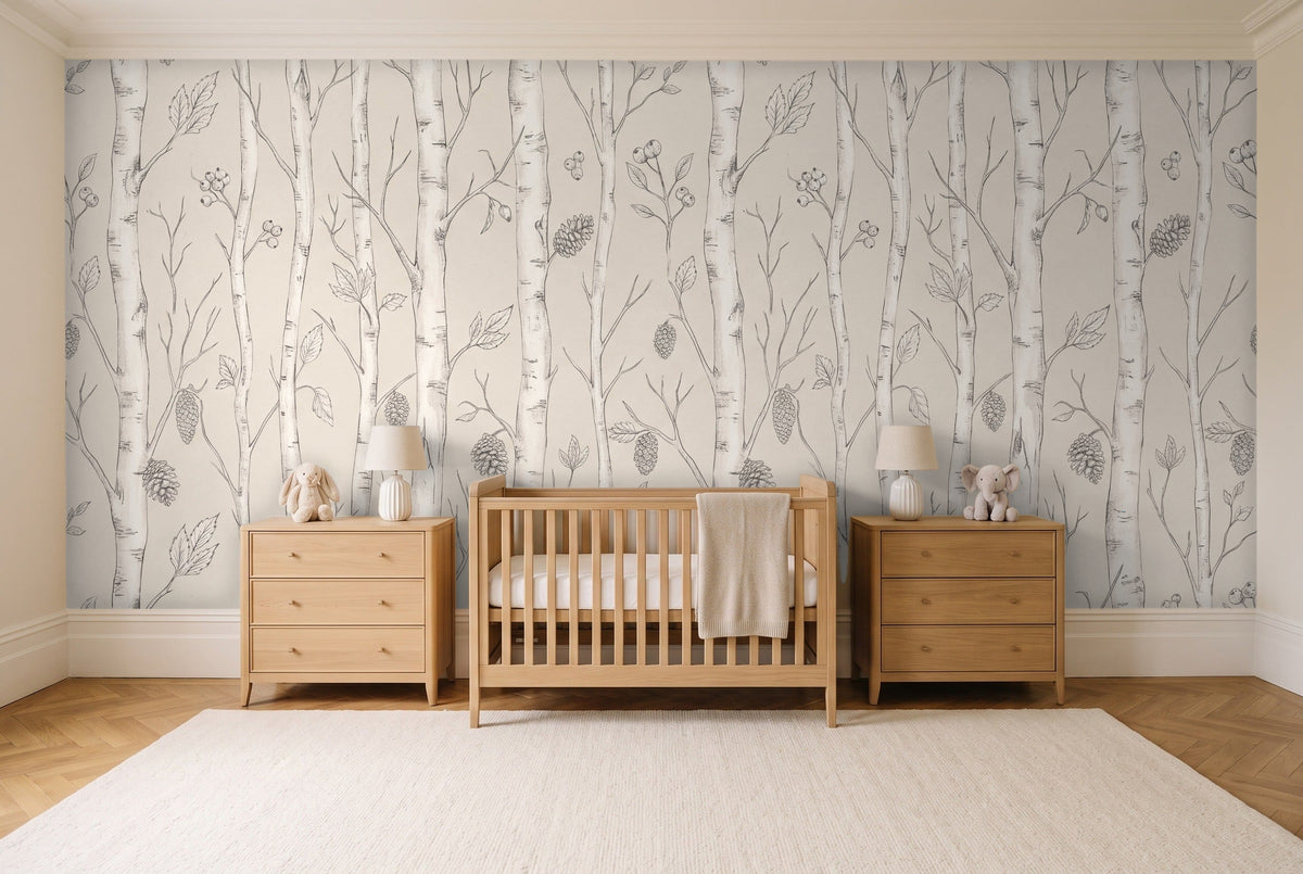 White Birch Botanical Mural in a nursery