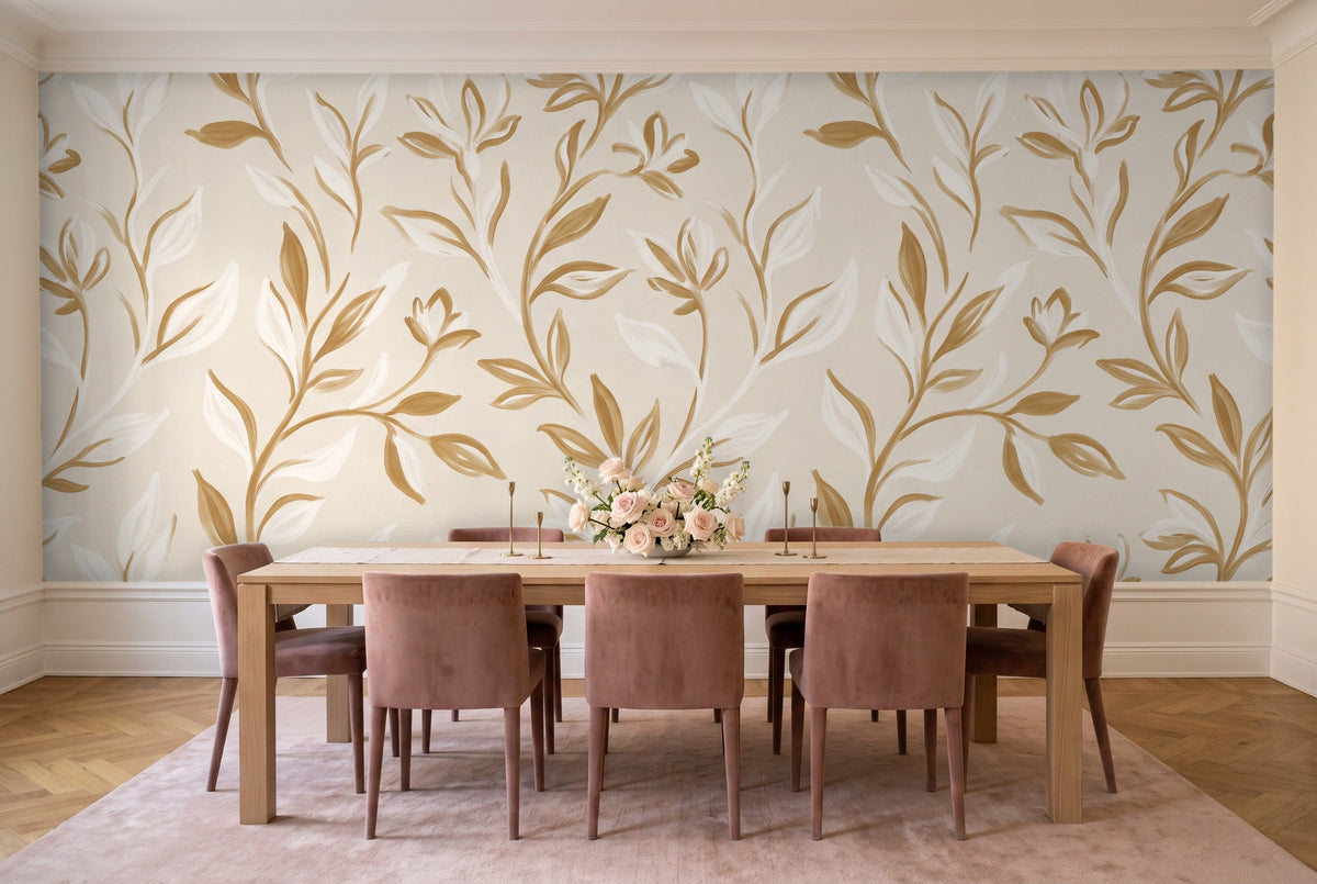 White And Gold Vine Botanical Mural in a dining room
