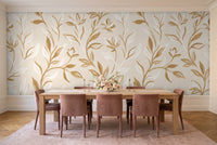 White And Gold Vine Botanical Mural in a dining room
