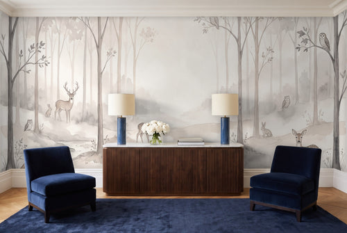 Cream Woodland Animals Landscape Mural in a living room