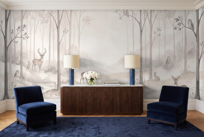 Cream Woodland Animals Landscape Mural
