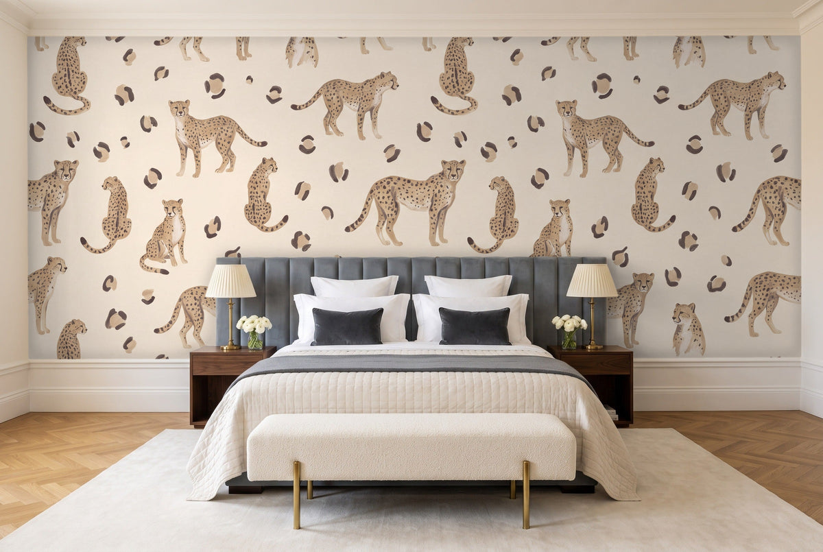 Beige Cheetah Animal Mural in a bedroom
