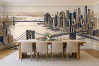 Blue And Gold New York Cityscape Mural in a dining room