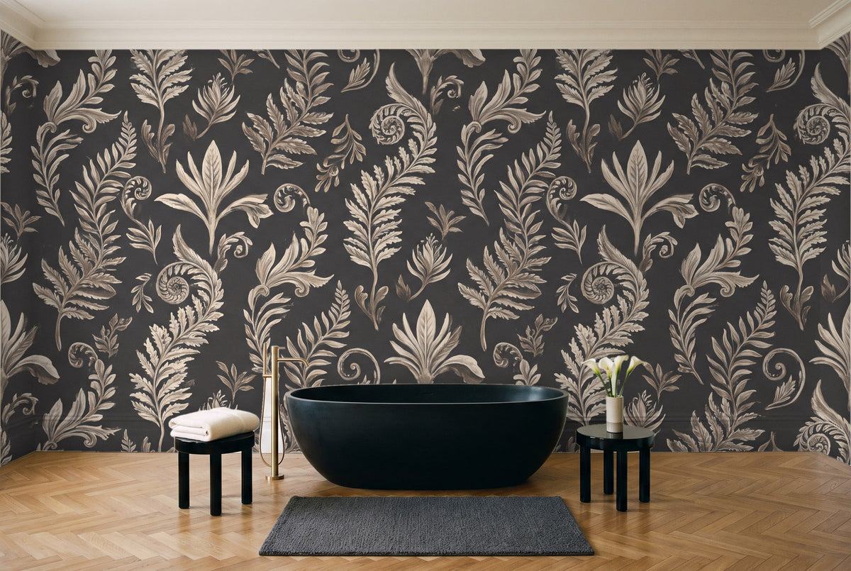 Charcoal Fern Botanical Mural in a bathroom